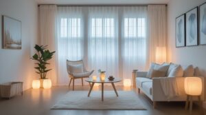 White linen blackout curtains in a bright small living room