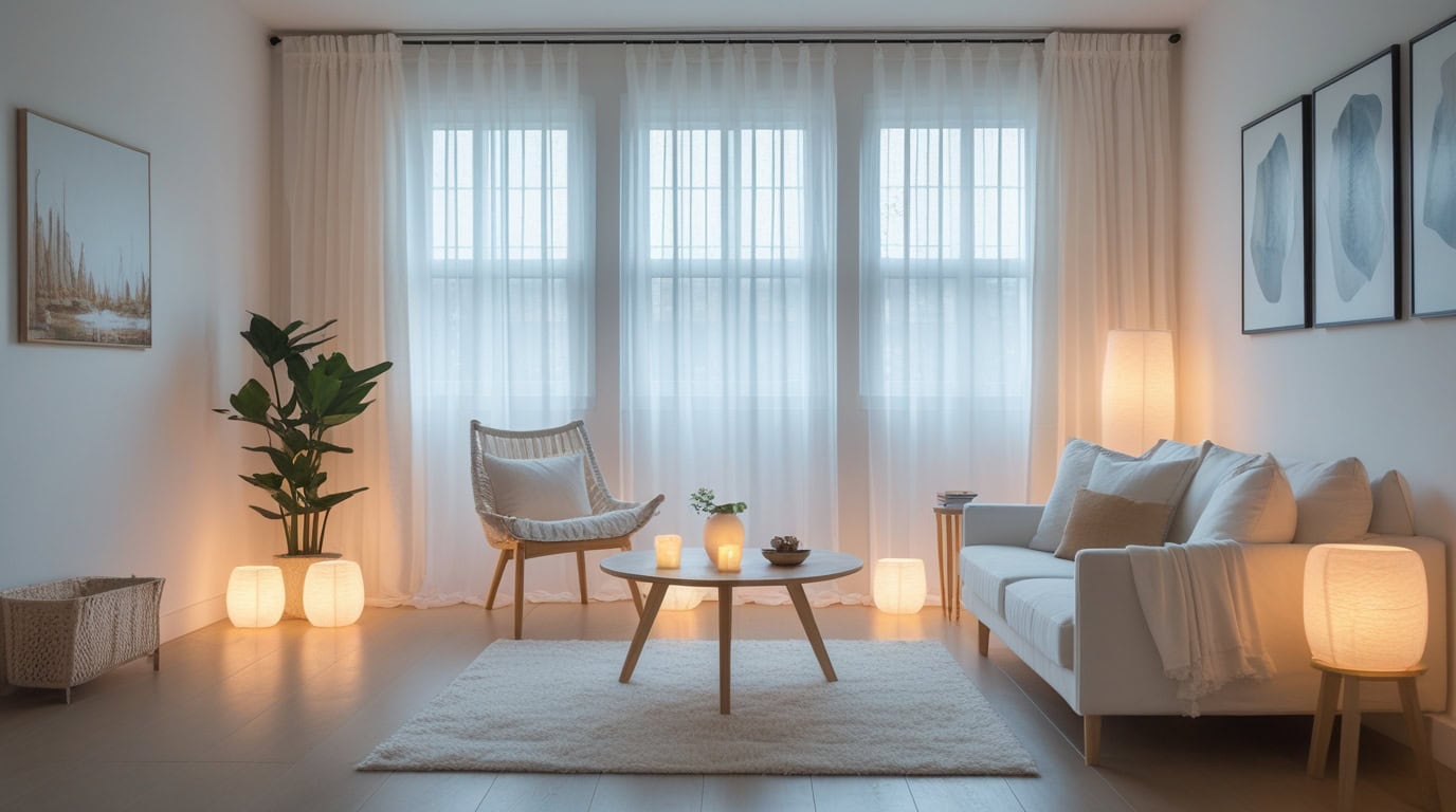 White linen blackout curtains in a bright small living room