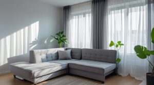 Cozy living room with an affordable corner sofa bed in neutral tones