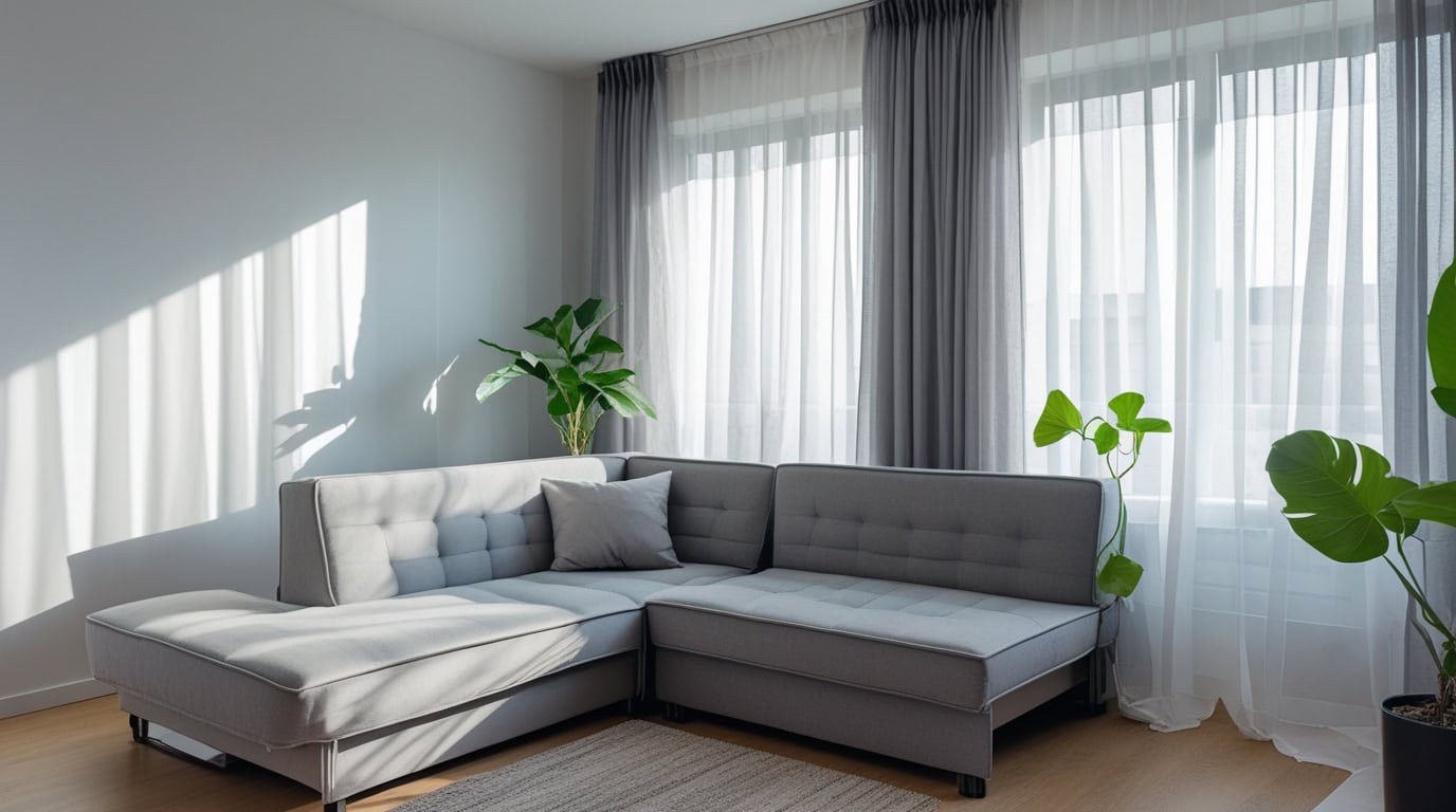 Cozy living room with an affordable corner sofa bed in neutral tones