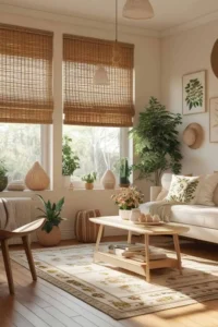 bamboo blinds adding natural texture to a small living room window
