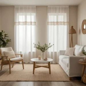 Beige voile curtains paired with wooden furniture for a warm, natural living room look