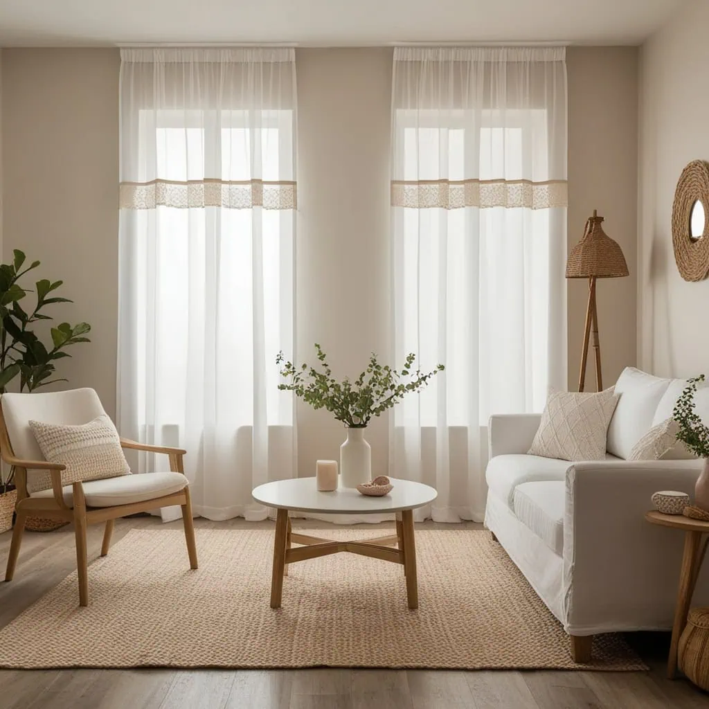 Beige curtains paired with wooden furniture for a warm, natural living room look
