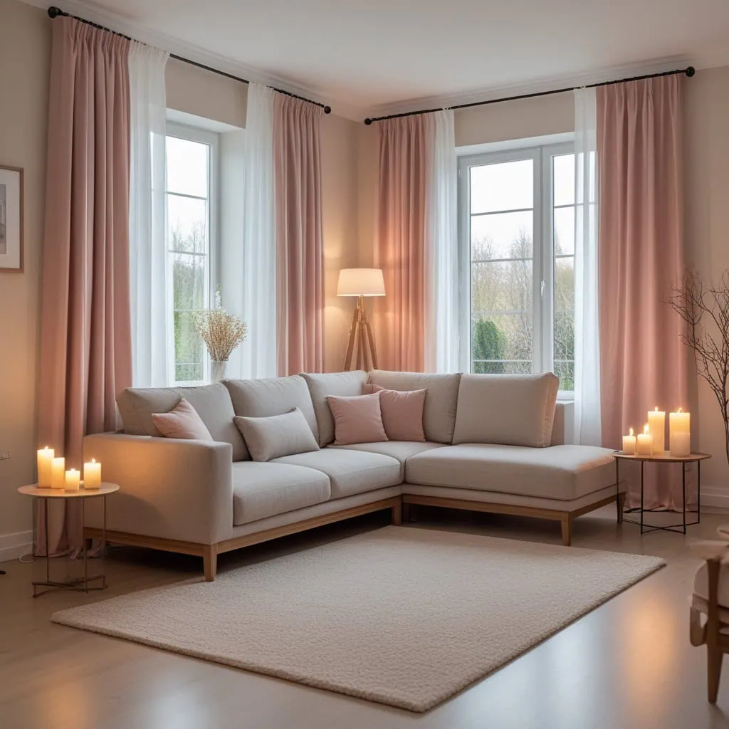 Spacious living room with leather beige sofa and warm lamp