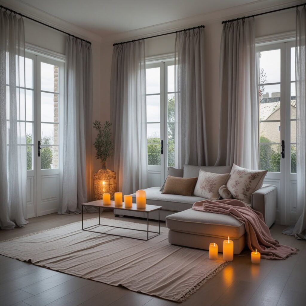 Modern grey sofa bed near sheer grey curtains