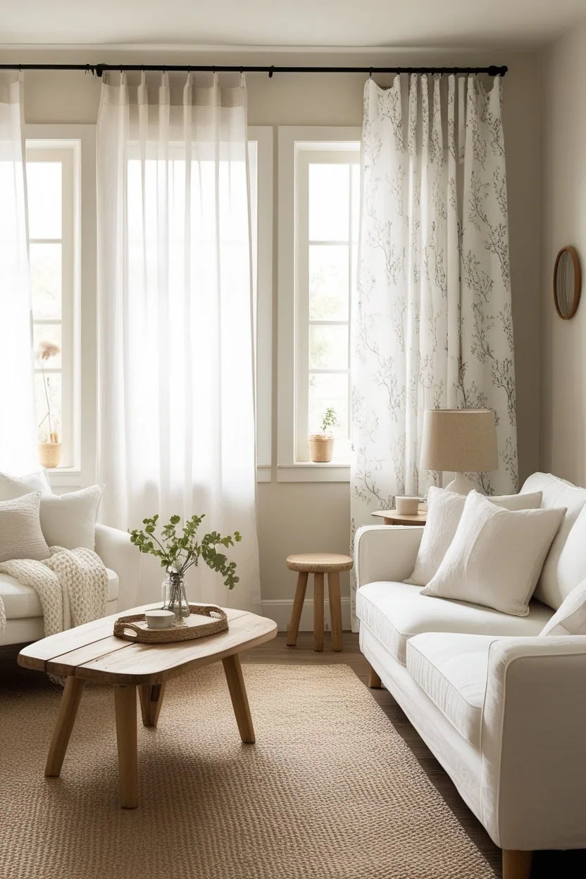 Classic living room design with elegant printed curtains and cozy textures