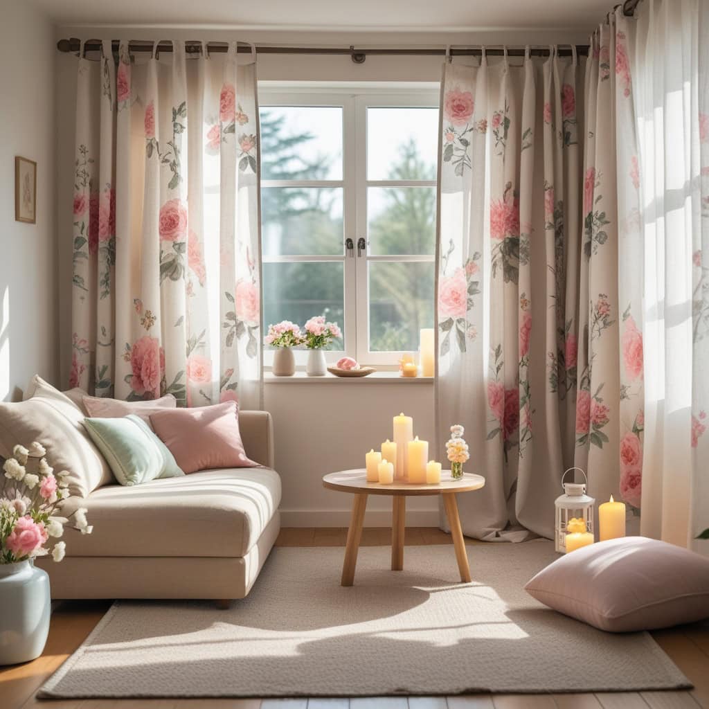 Minimalist living room with beige linen curtains and soft lighting