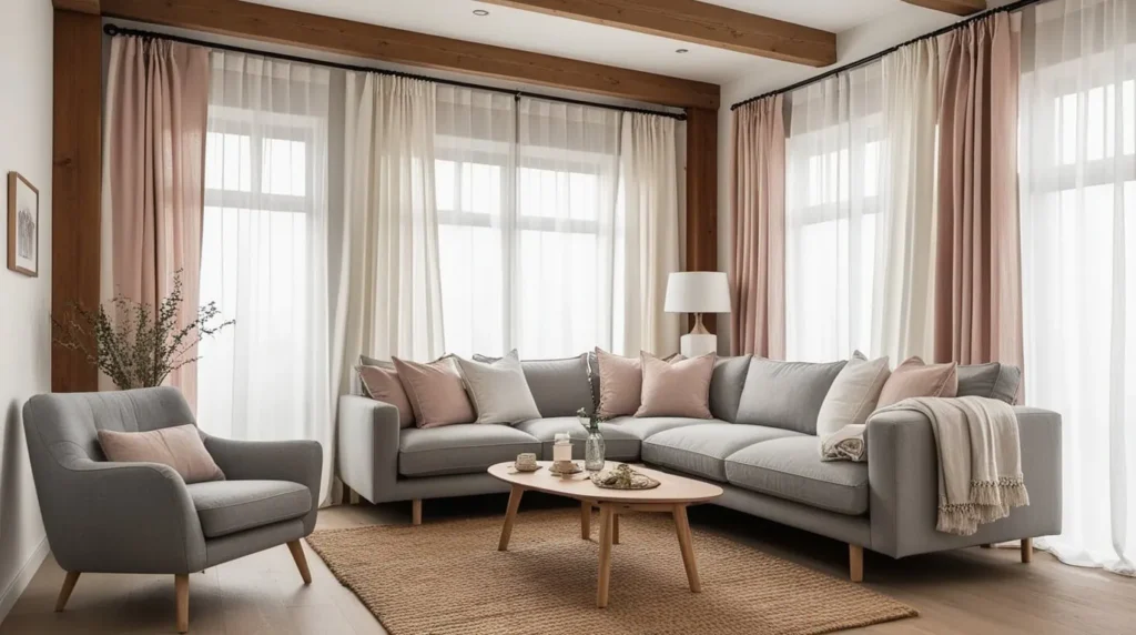 Cozy rustic living room decor with wooden beams and linen sofa