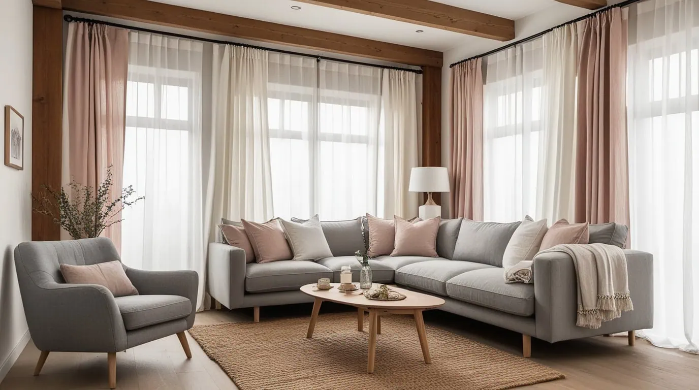 Cozy rustic living room decor with wooden beams and linen sofa