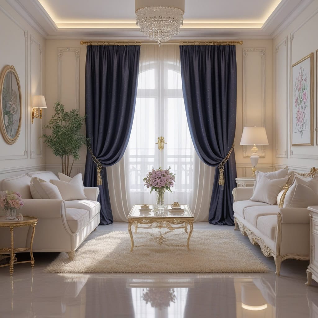 Elegant living room with dark navy blackout curtains adding contrast and style
