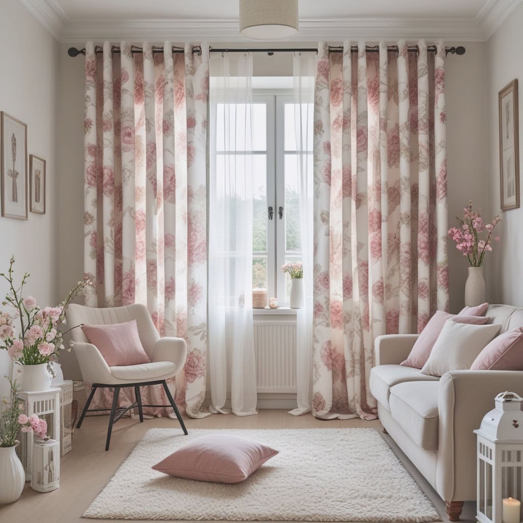Close-up of floral curtain fabric with blackout lining