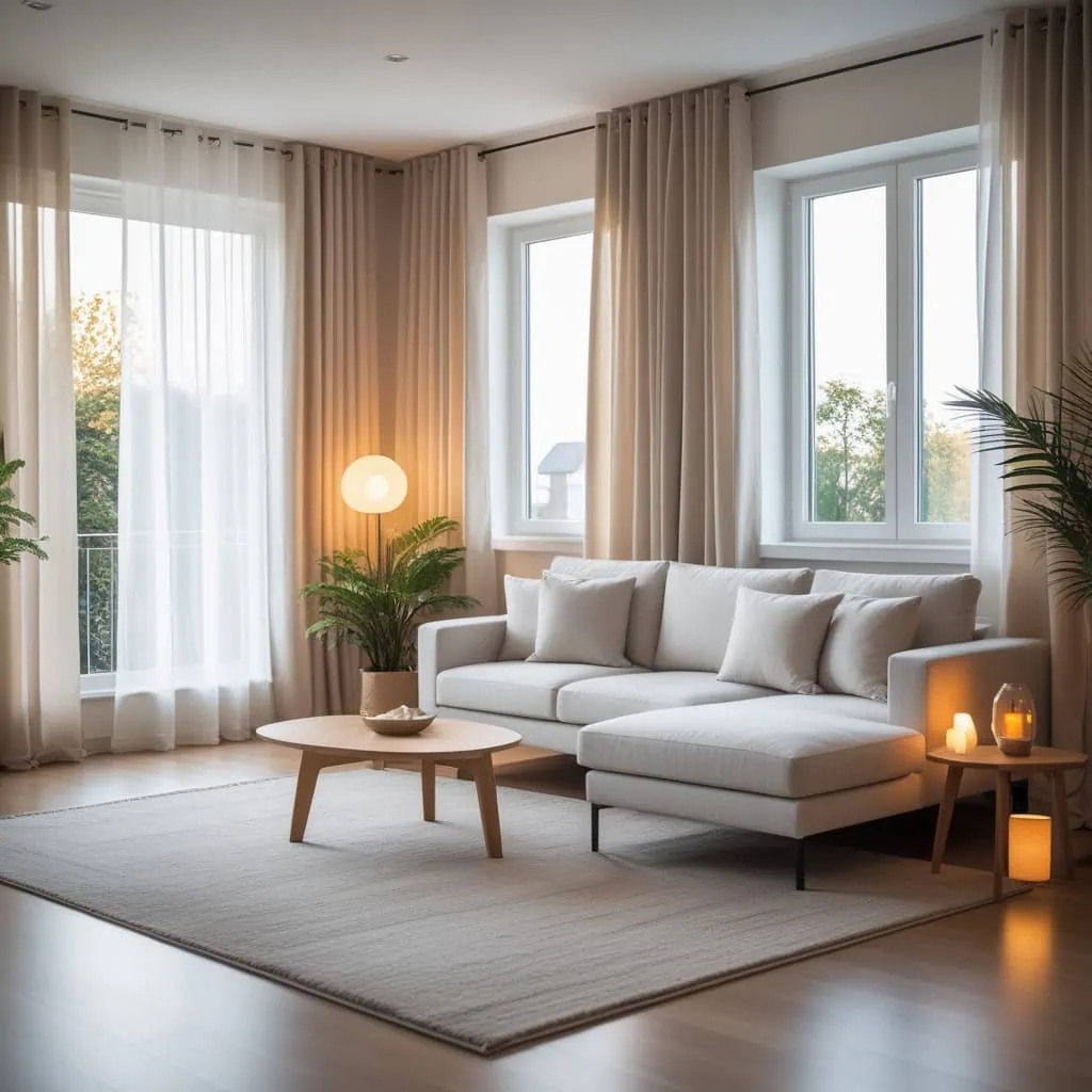 Modern apartment living room with white sofa and indoor plants 