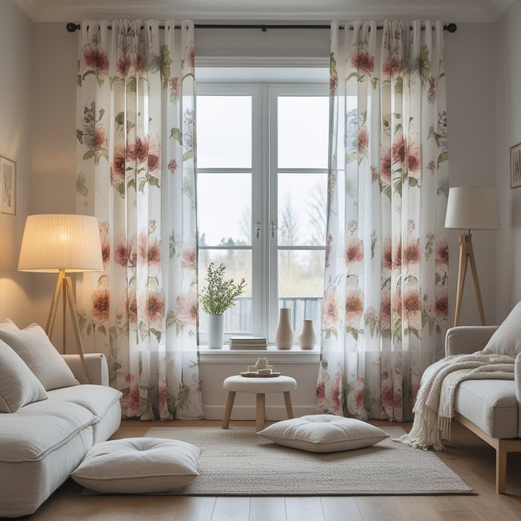 Floral curtain fabric with white and pink colors 