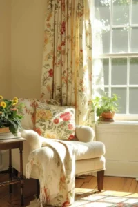 soft floral curtains decorating a bright small living room window