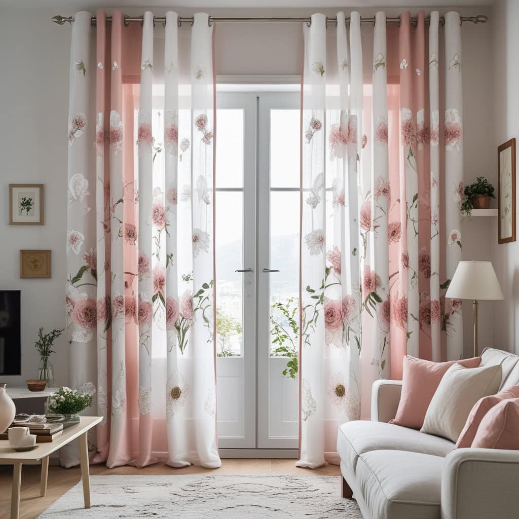 Bright small living room with floral linen curtains and natural light