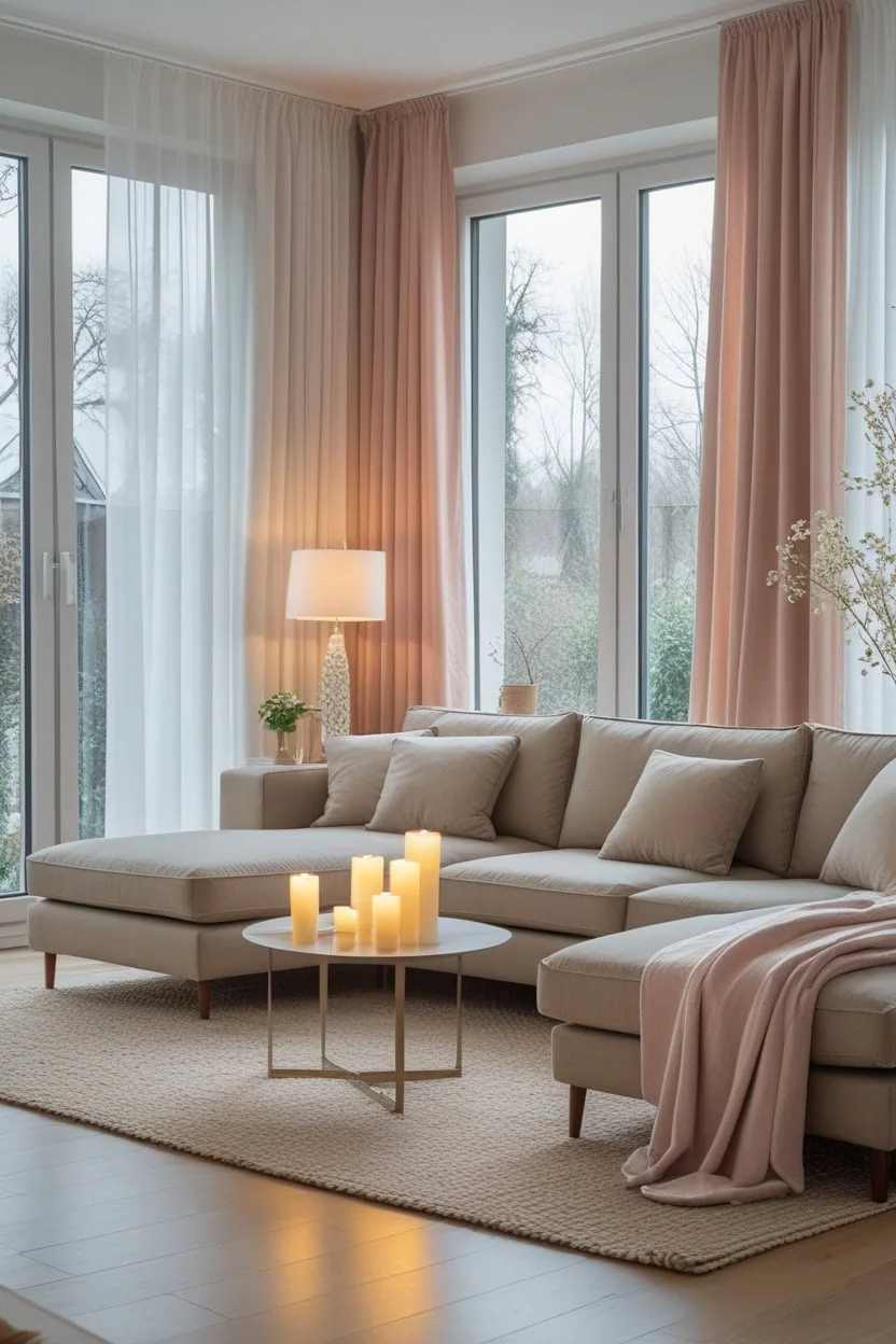 modern living room with beige sofa and white and blush sheer blackout curtains 