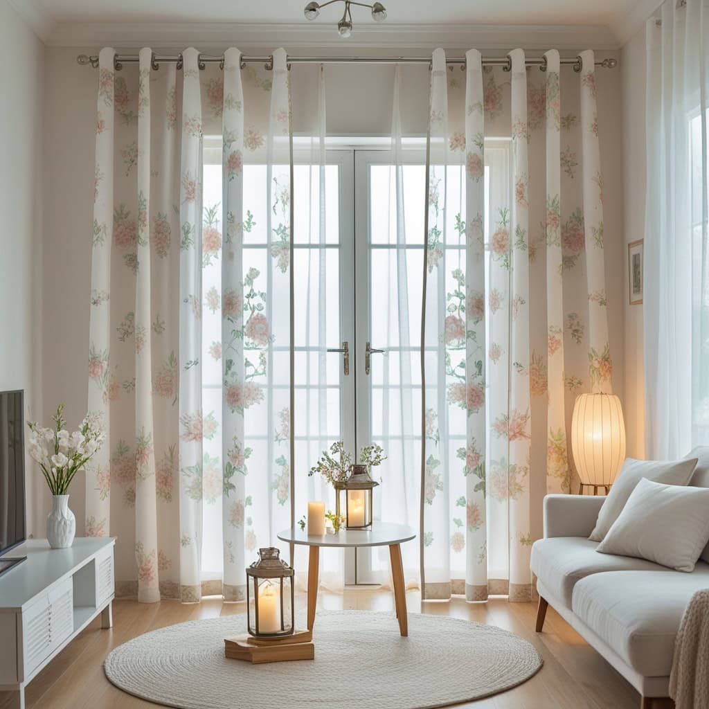 The living room is decorated with layered sheer curtains and glowing lamps