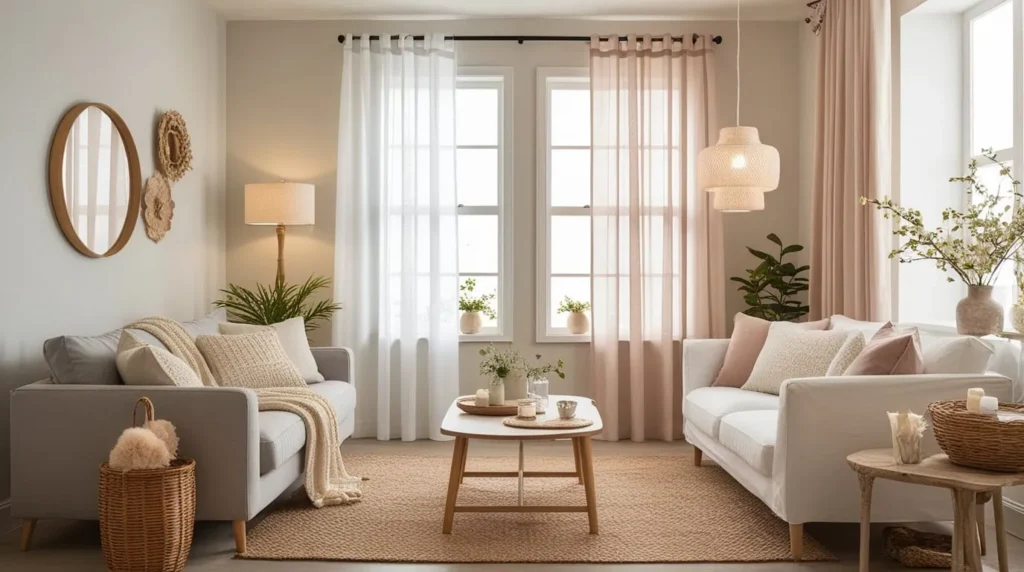 Layered voile and blackout curtains adding depth and style to the living room