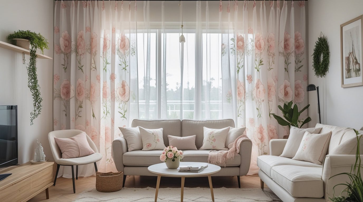 Cozy small living room styled with linen curtains floral and warm beige sofa