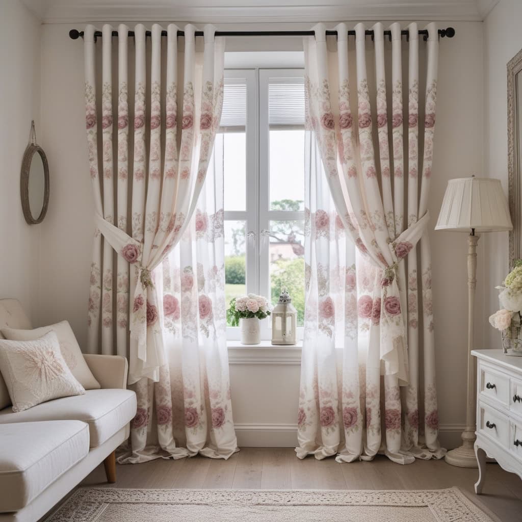 Minimal living room with floral curtains and floor lamp 