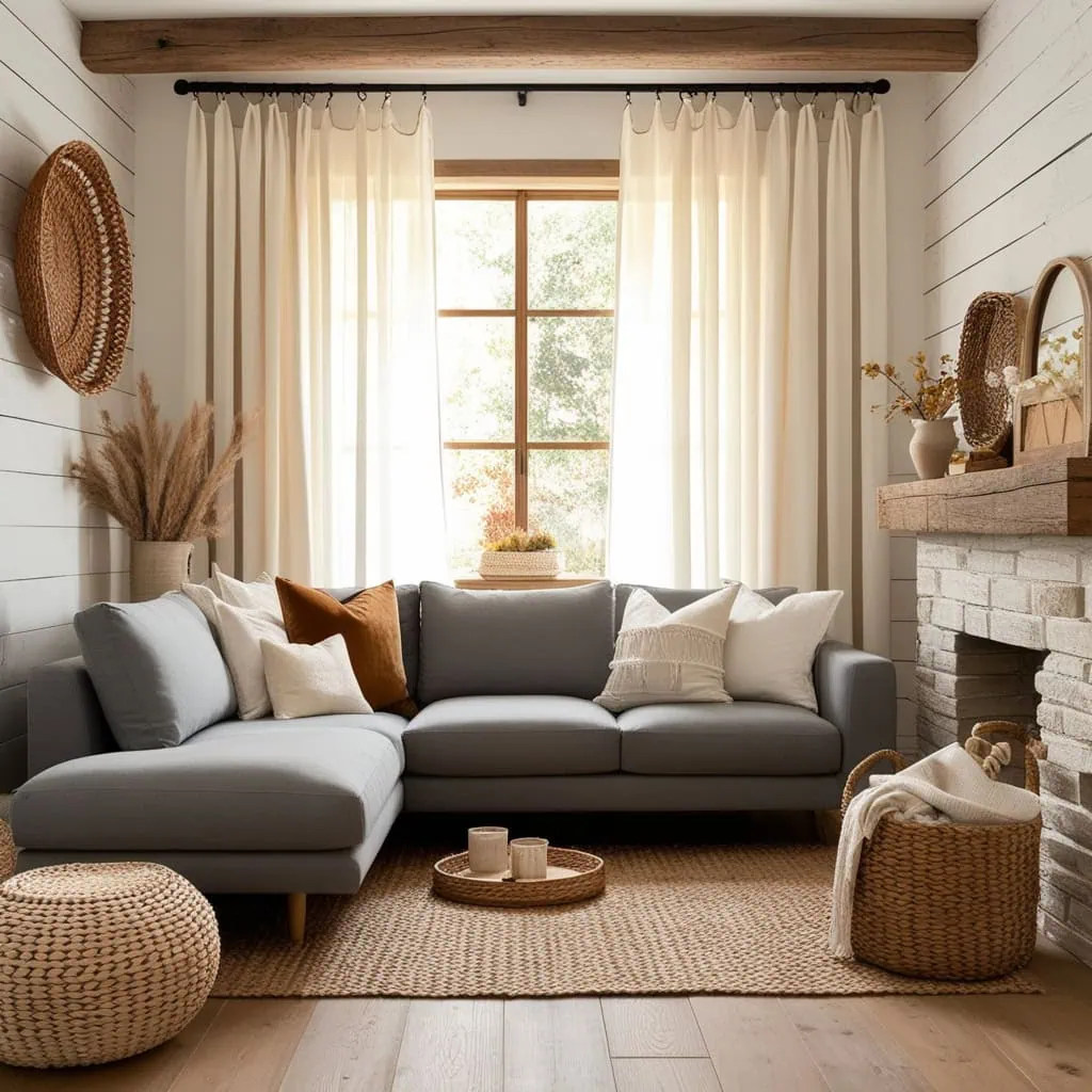 Minimal rustic living room decor with simple wooden accents and cozy rug
