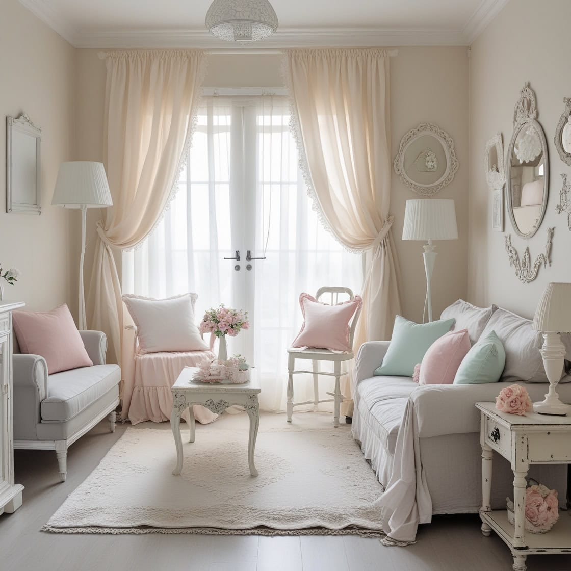 Minimalist living room featuring beige blackout curtains and light neutral decor