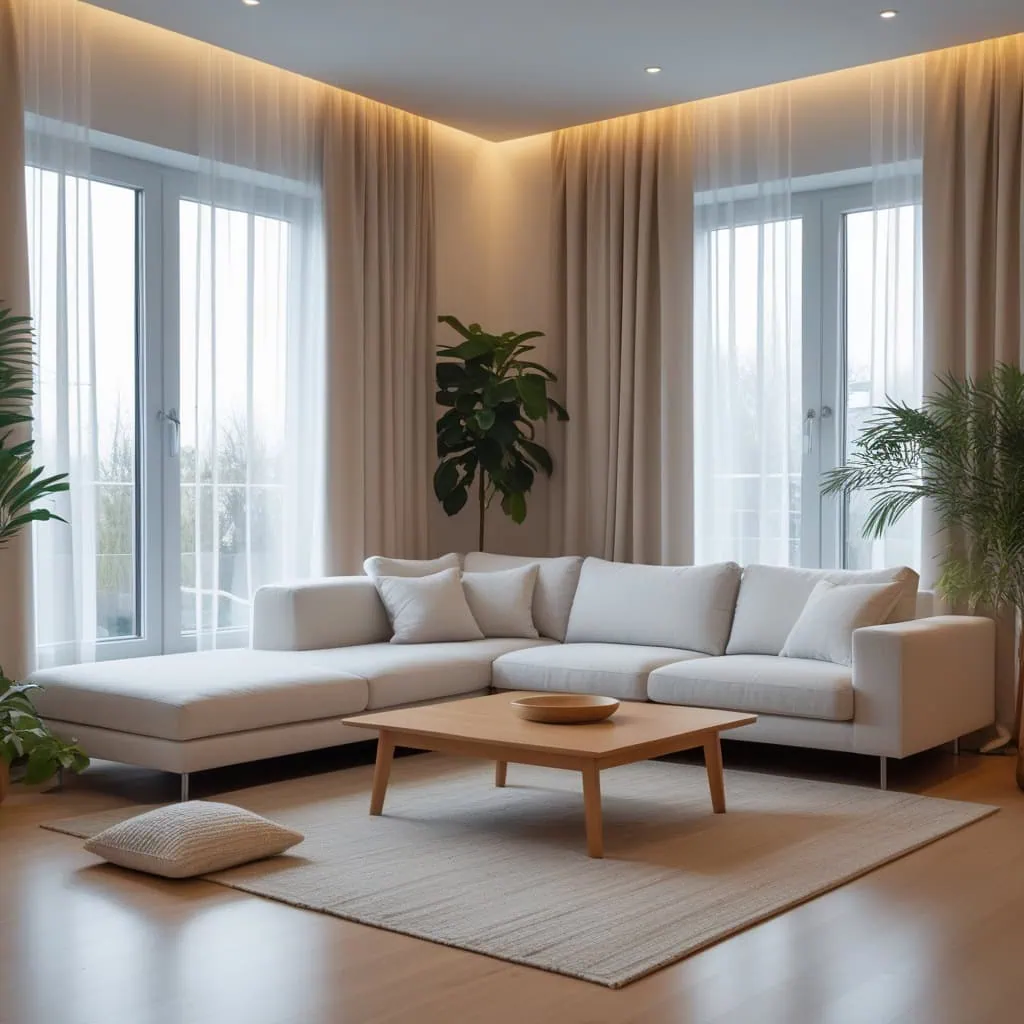 Minimalist living room with a sofa and wooden coffee table