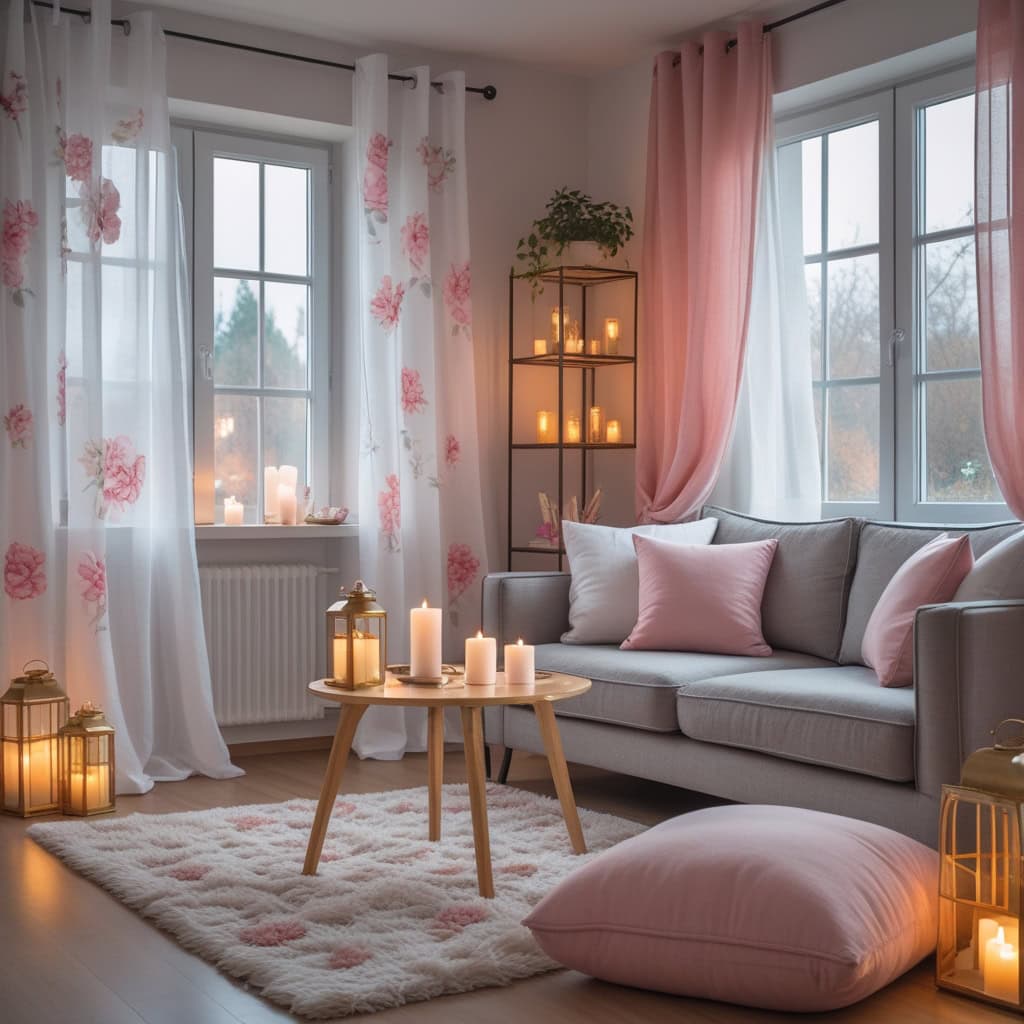 Minimalist living room with linen window drapes and wooden furniture