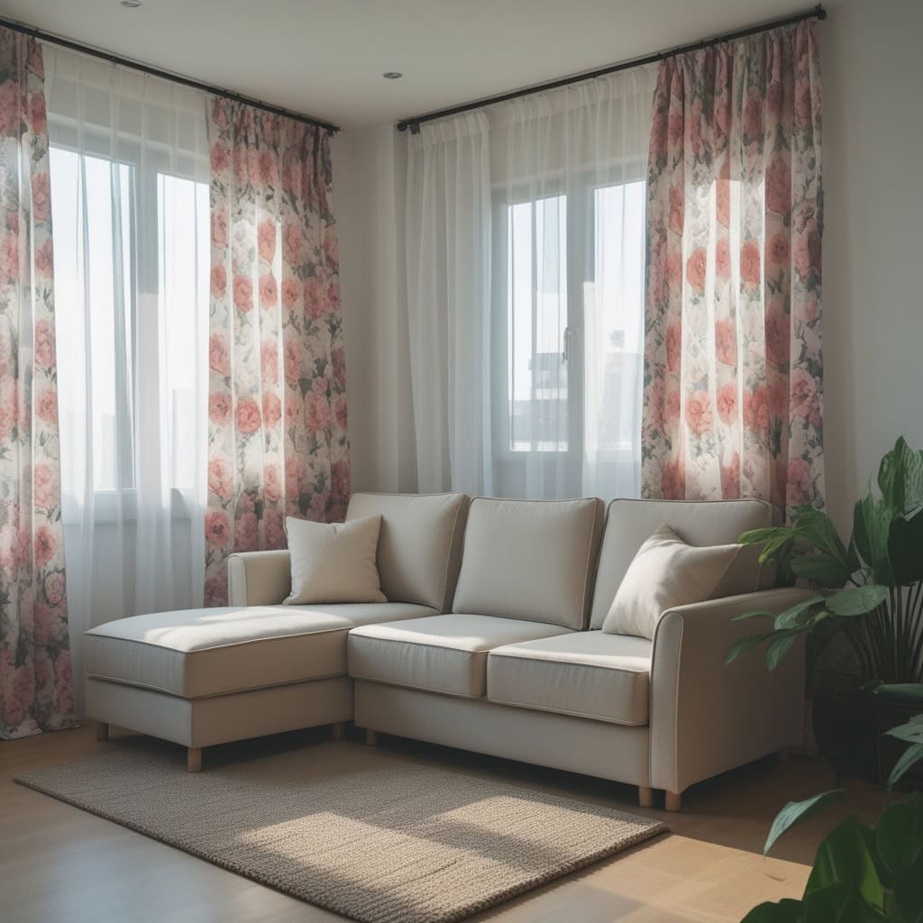 Beige corner sofa bed with floral curtains in small cozy room