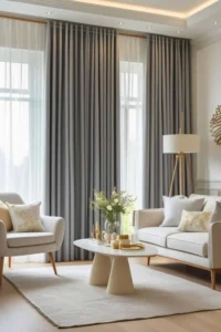 modern gray curtains styled in a contemporary small living room