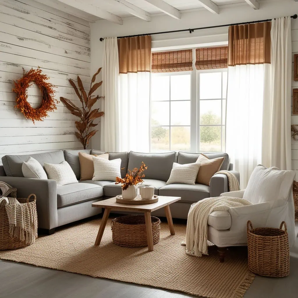 Modern rustic living room design with natural light and earthy tones