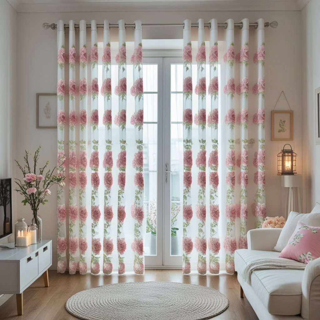 modern living room decorated with white and rose-pink curtains