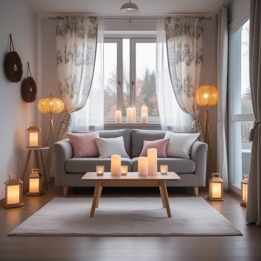 Natural and cozy living room with linen floral curtains and woven rug