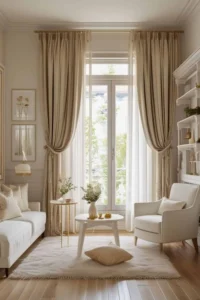 neutral color curtains brightening a small living room space