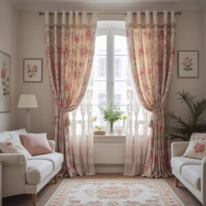 Modern living room decorated with patterned blackout curtains and natural textures