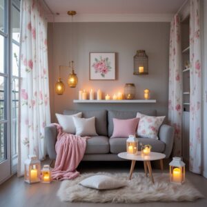 Sheer linen curtains floral small living room glowing under sunlight