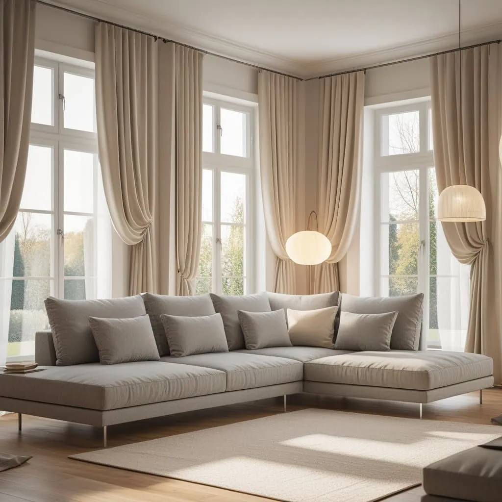 Elegant modern sofa with throw pillows and rug