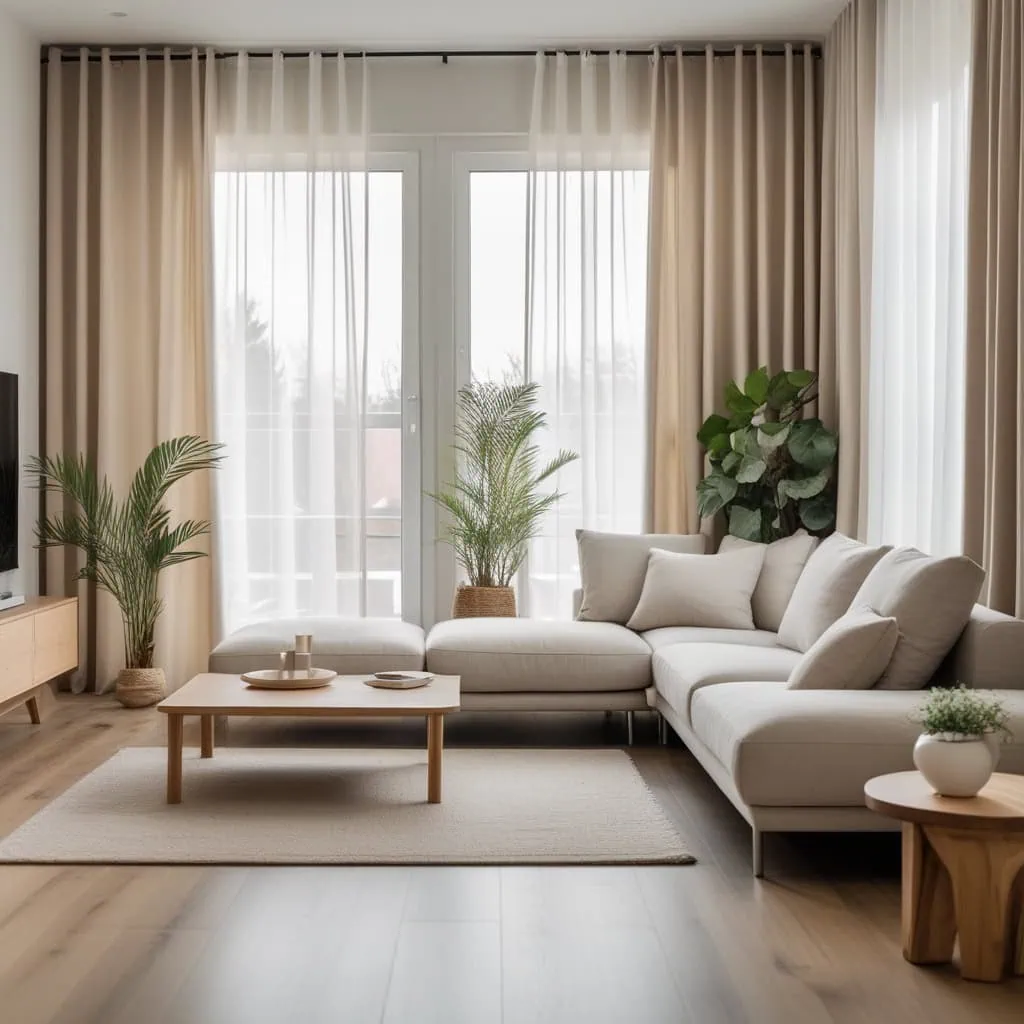 Corner setup featuring an modern sectional sofa with beige sheer curtains 