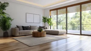 woven wood blinds in a natural-style living room
