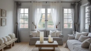 Light and airy sheer curtains brightening a small modern living room with neutral décor