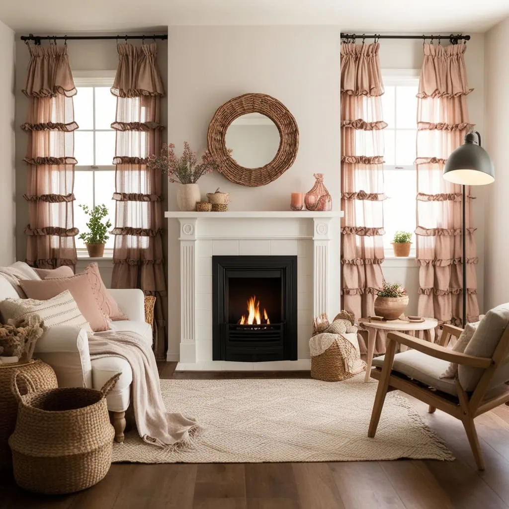 Beige sofa beside cozy small living room fireplace