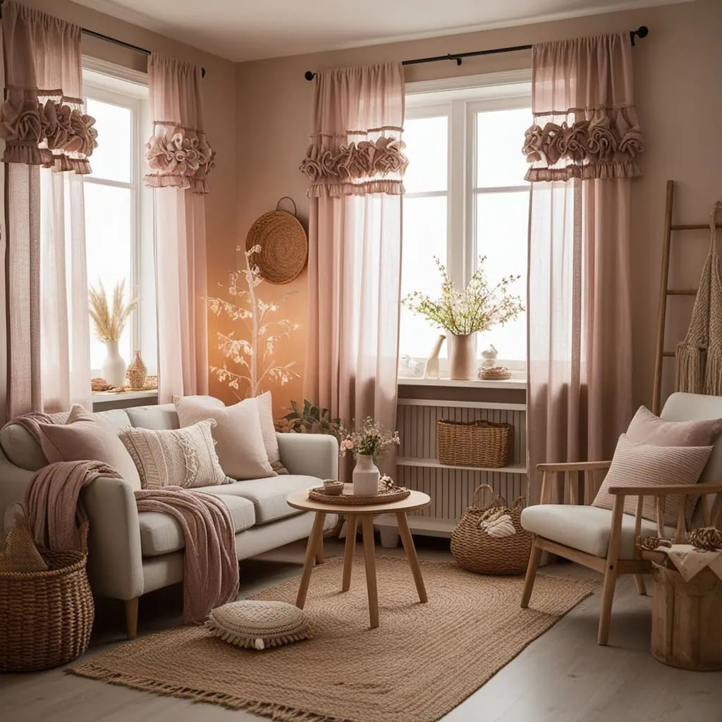 Boho-inspired winter small living room styled with ruffly curtains