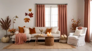 Cozy fall living room with warm lighting, layered textures, and autumn colors.