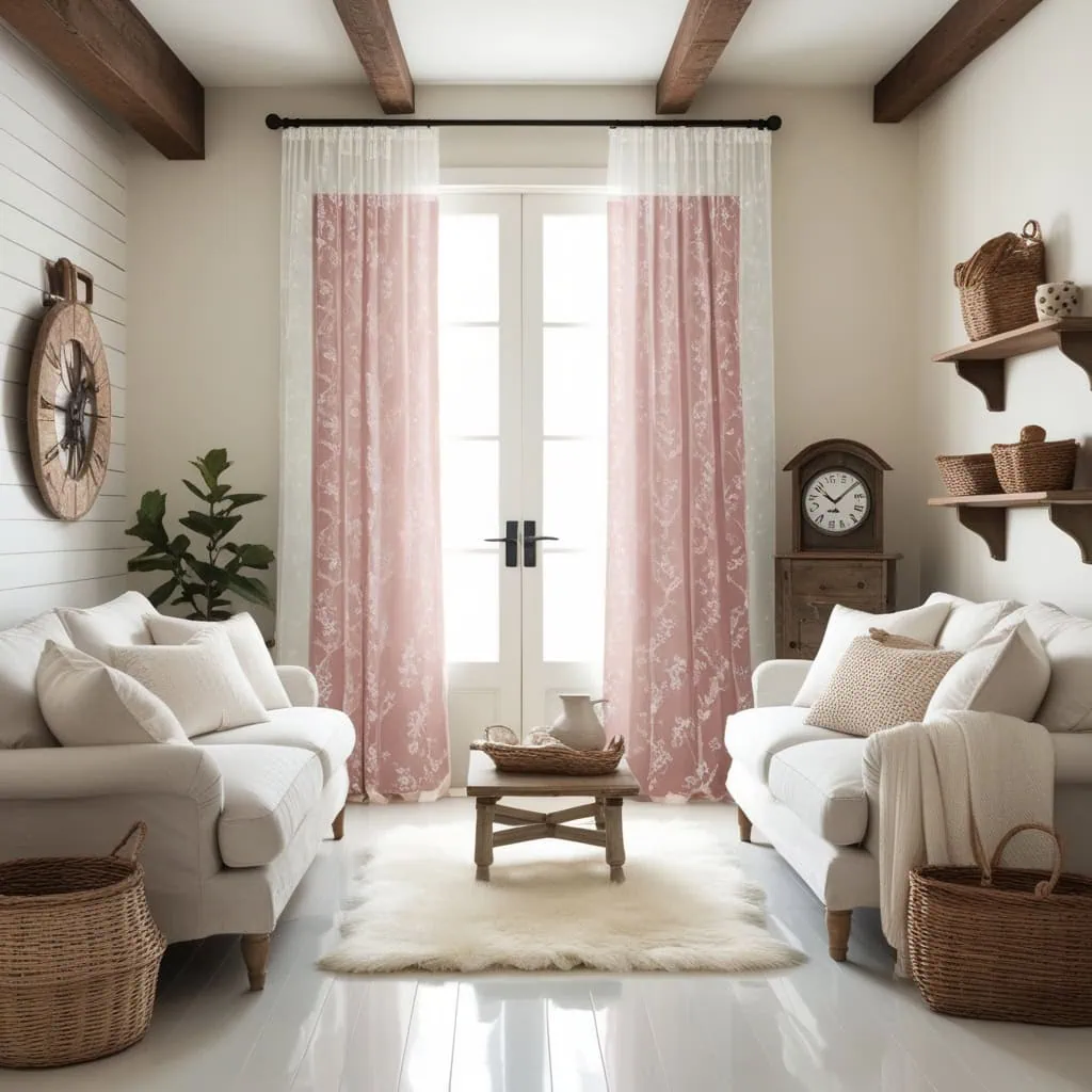 Layered linen cushions, plaid throws, and cotton fabrics in rustic farmhouse living room