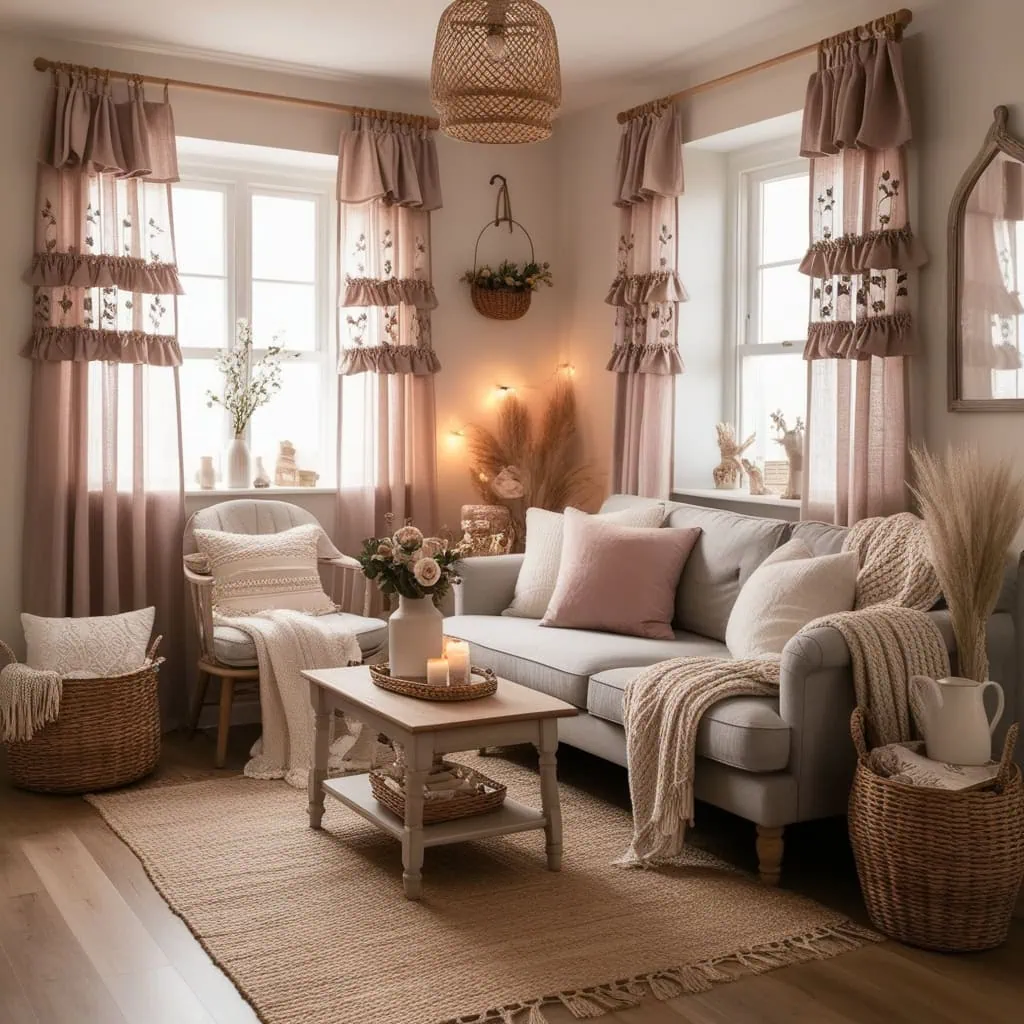 Cozy small living room with sheer winter voile curtains and warm lighting