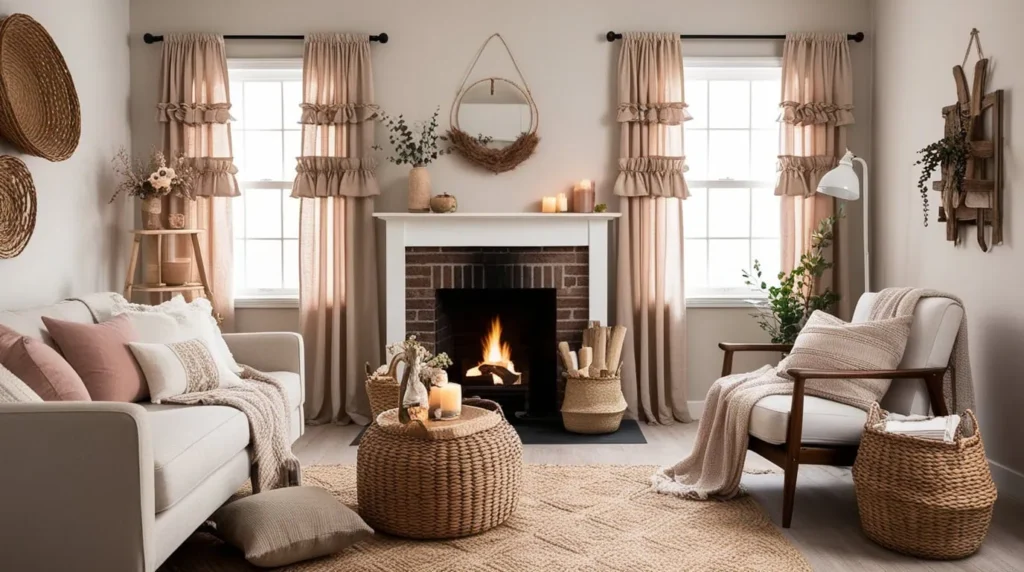 Cozy small living room fireplace with soft neutral decor