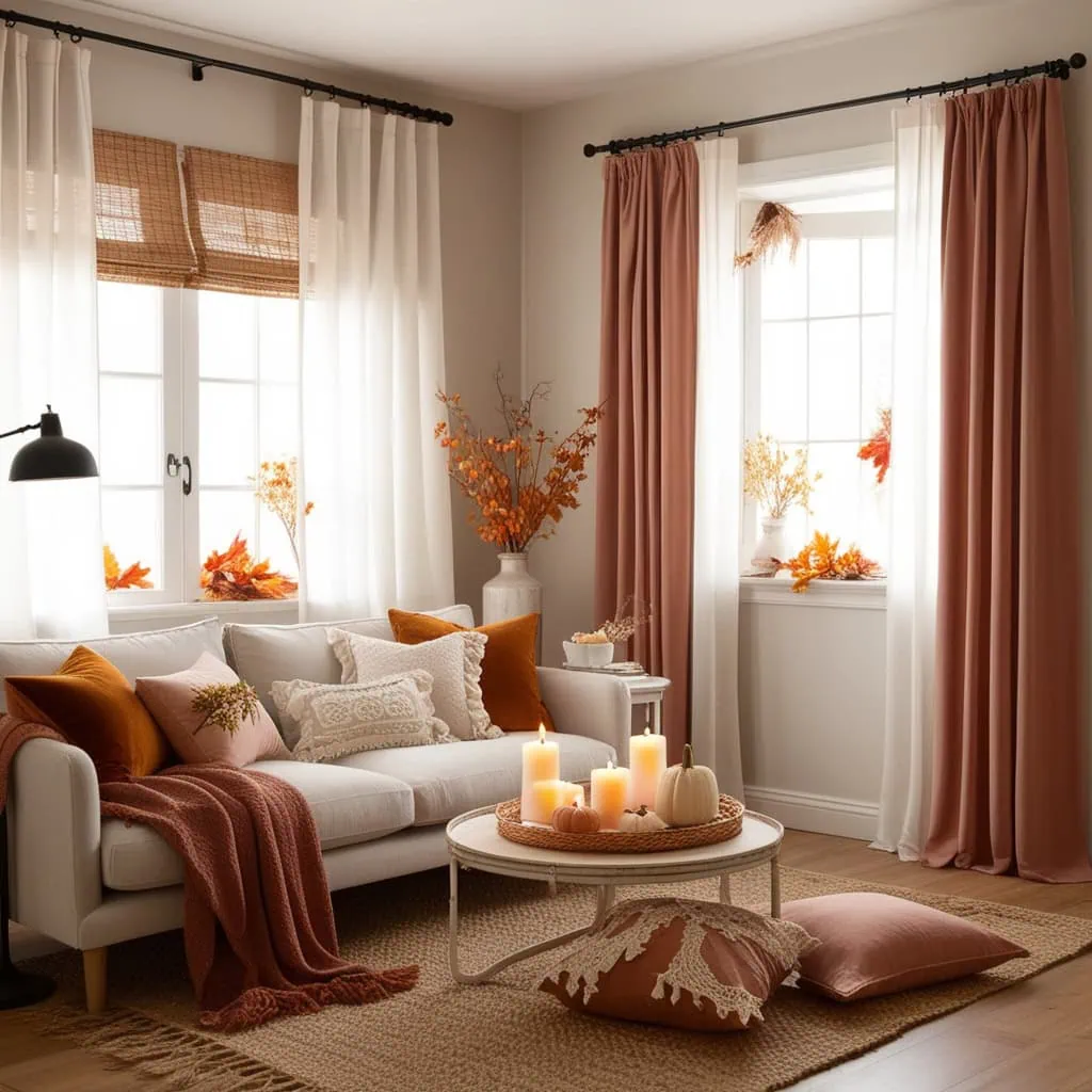Soft fall pillows and cozy throws styled on a neutral sofa for an inviting look.