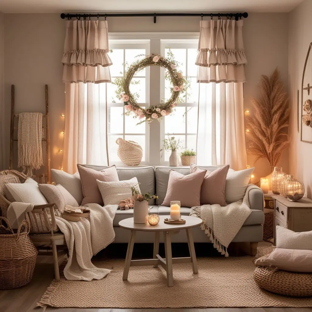 Soft beige curtains frame a bright, inviting small living room