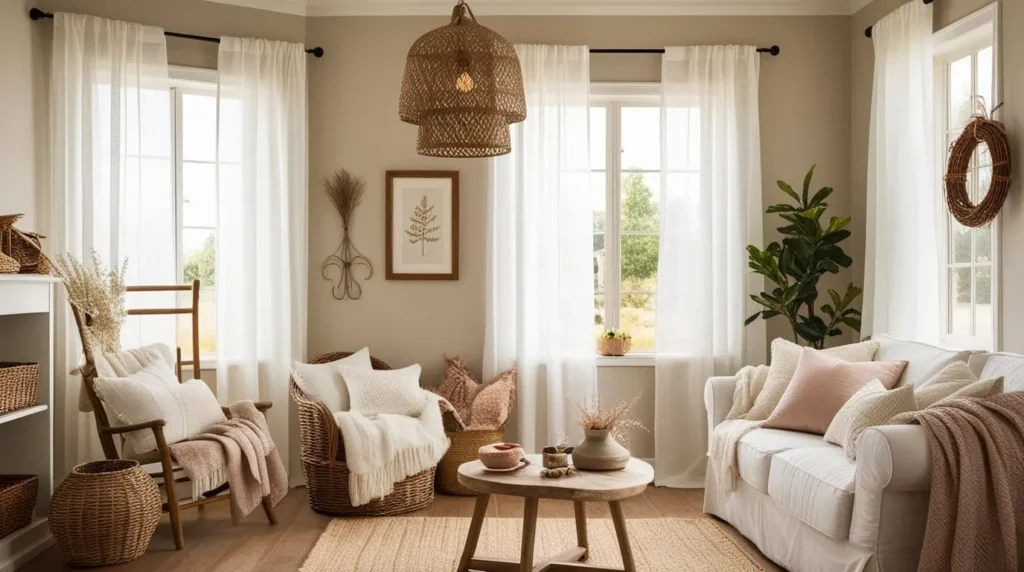 Elegant white winter voile curtains softly glowing in natural light