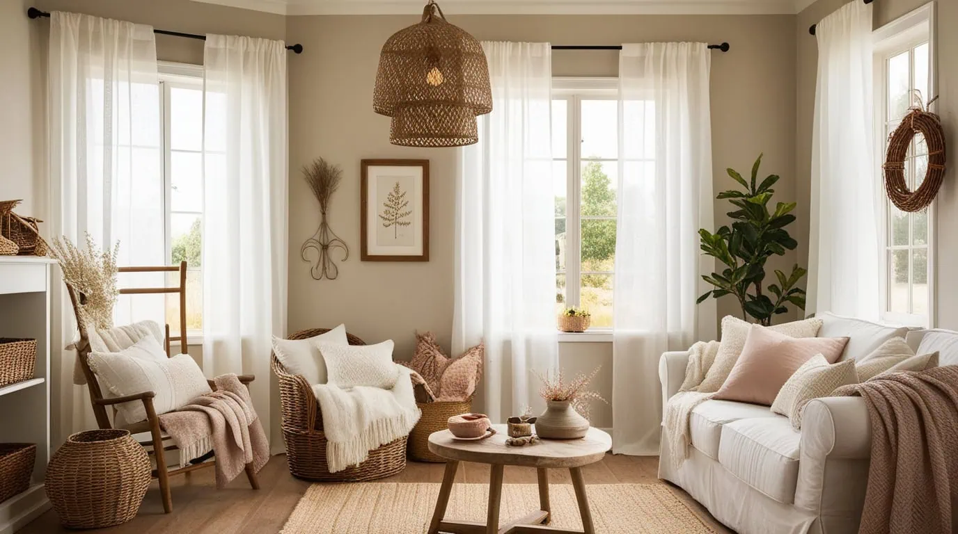 Elegant white winter voile curtains softly glowing in natural light